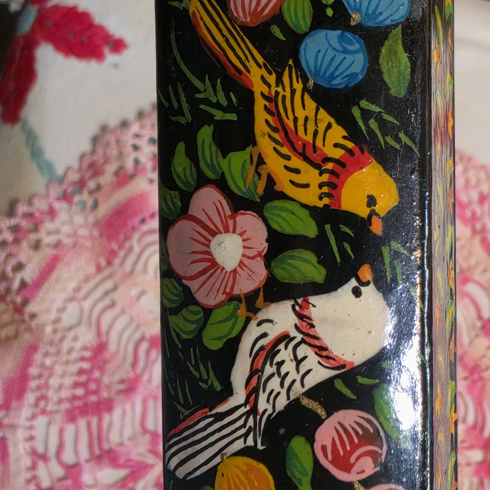 Hand-Painted Floral Bird Trinket Box in Black with Yellow & White Birds